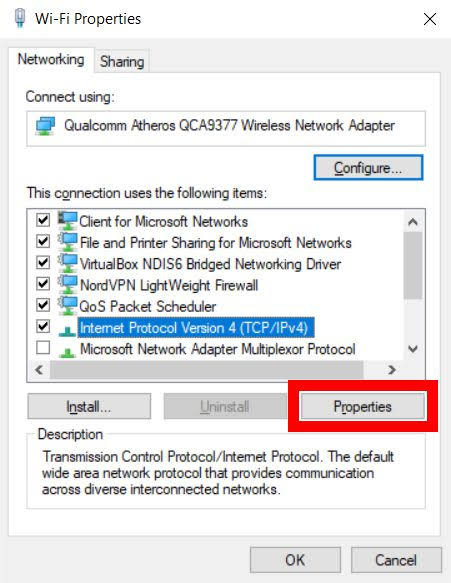 Select  Internet Protocol Version 4 (TCP/IPv4) and select Properties