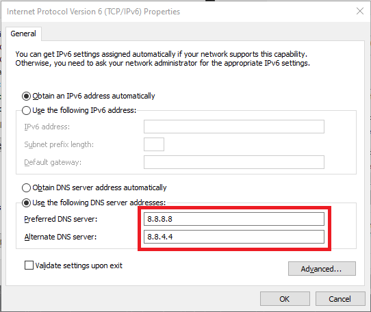  Enter the IP address of the Google DNS servers.