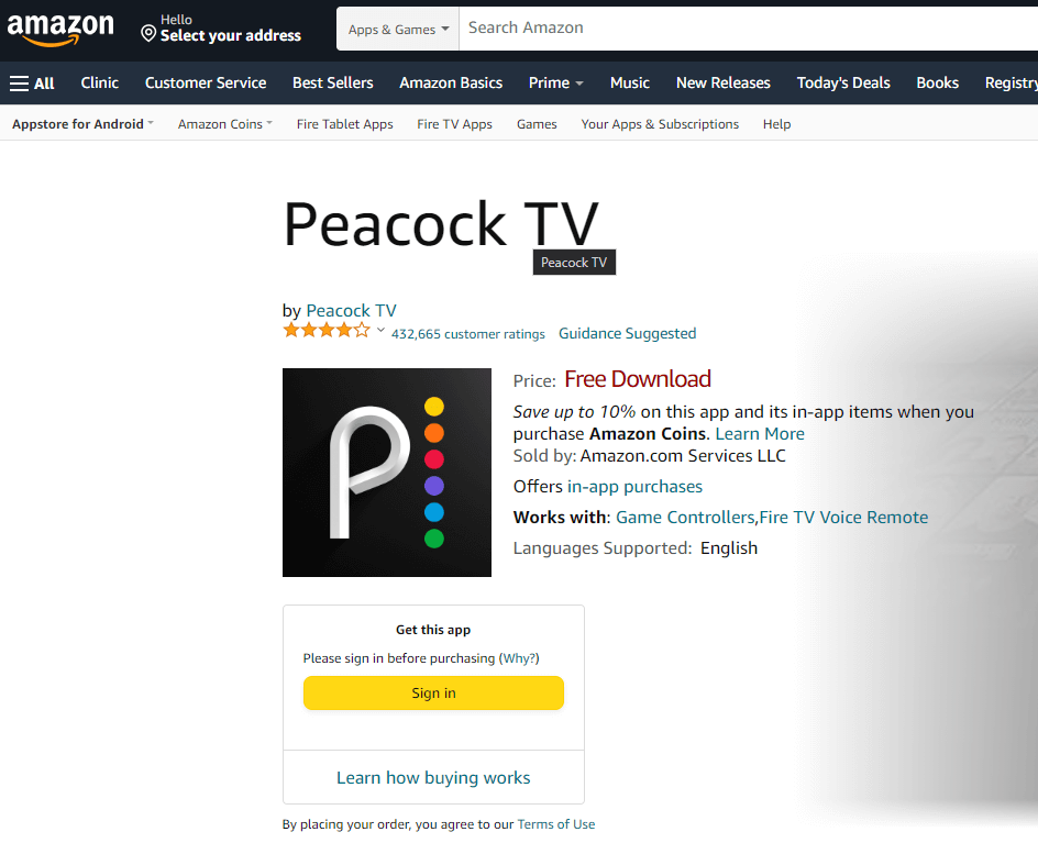 Peacock TV on Amazon website