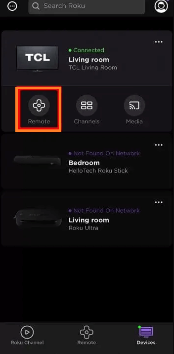 Click on remote icon on Roku app