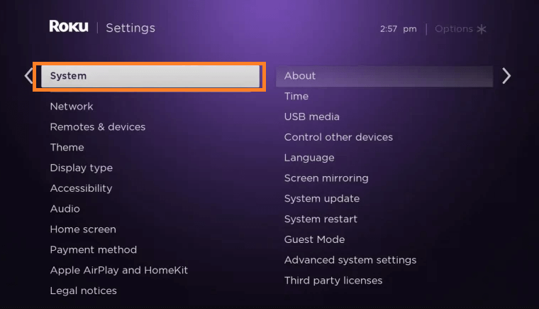 Select system option on the settings menu.   