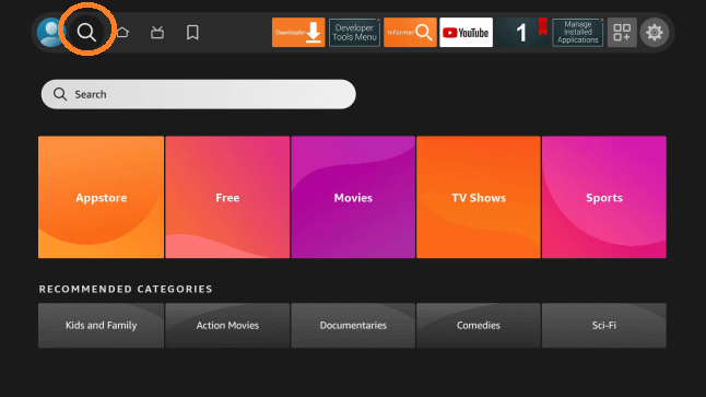 Search icon on the home screen of Firestick
