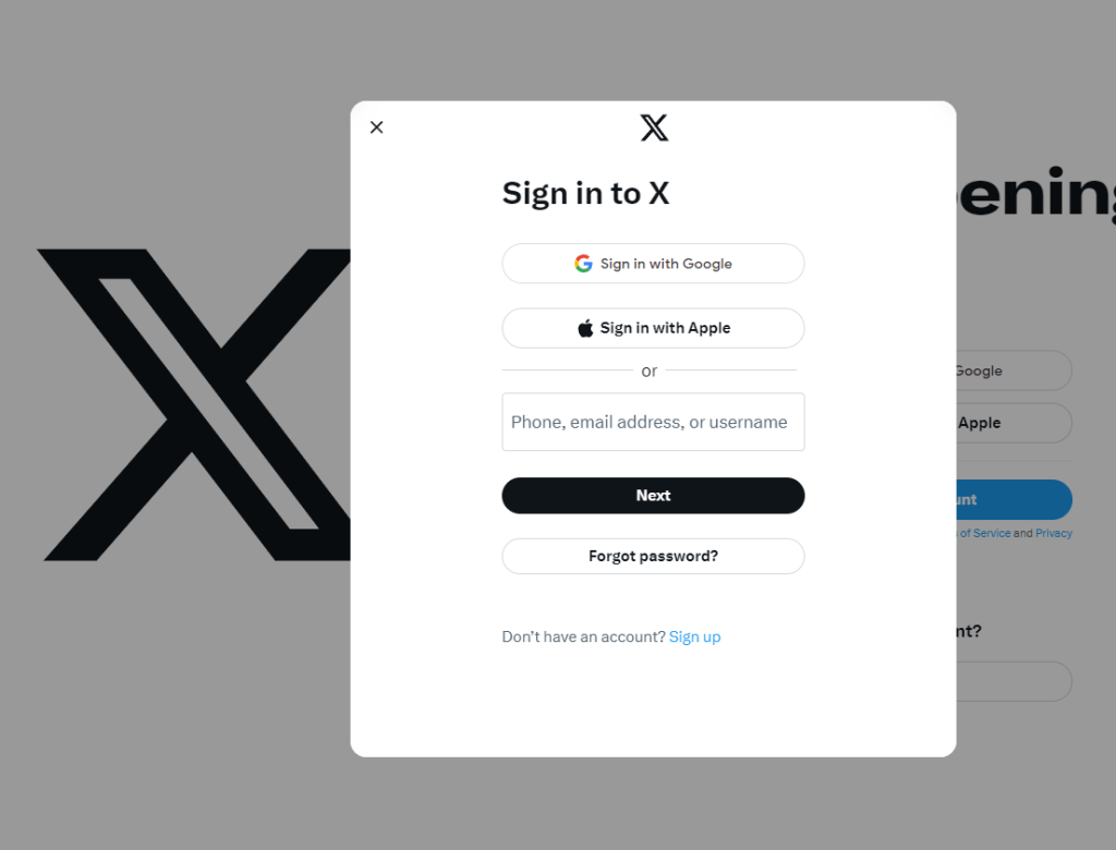 Sign in to X Website