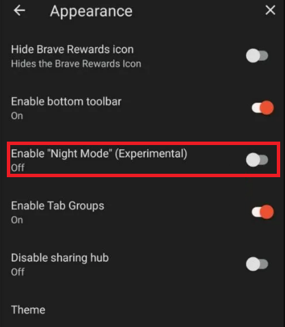 Toggle On the Night Mode Experimental on Brave Browser