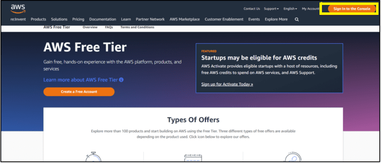 Hit the Sign in to Console on AWS website