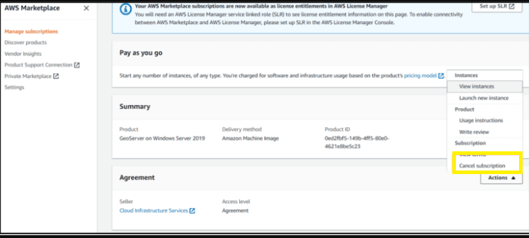 Hit the Cancel subscription to cancel AWS subscription