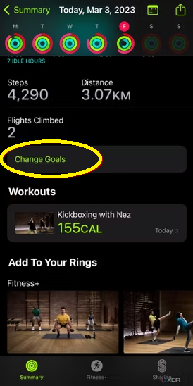Hit the Change Goals option on Apple Fitness app