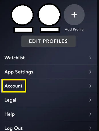 Click on Account option on Disney Plus app