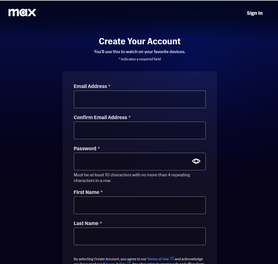 Enter the required details on HBO Max website