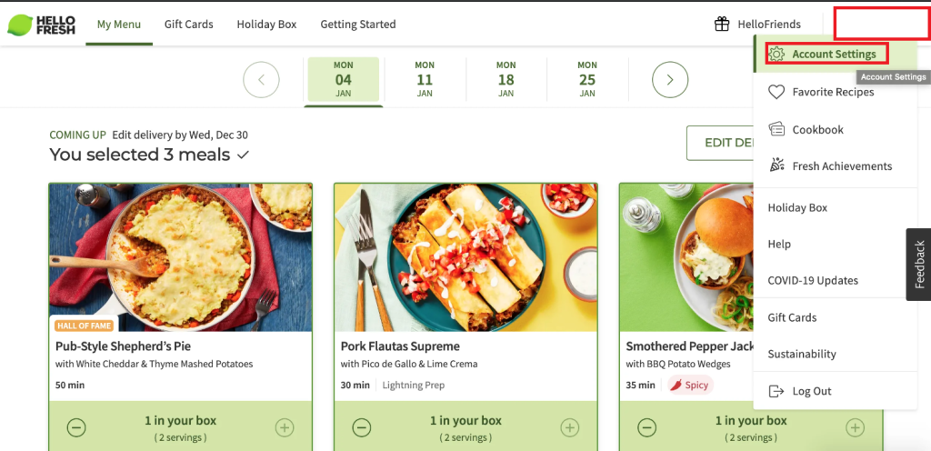 Hit the Account Settings on HelloFresh website