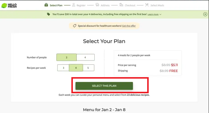 Hit the Select This Plan on HelloFresh website