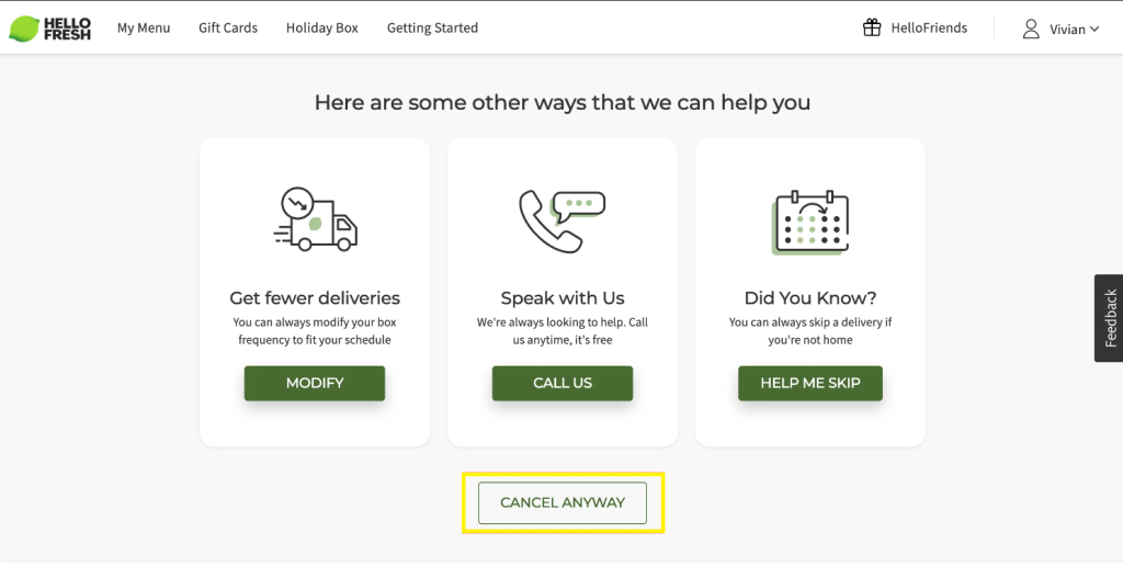 Tap on Cancel Anyway option on HelloFresh website