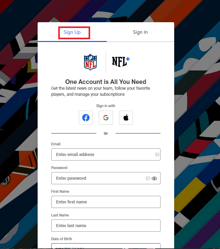 Click on Sign Up option on NFL Plus website