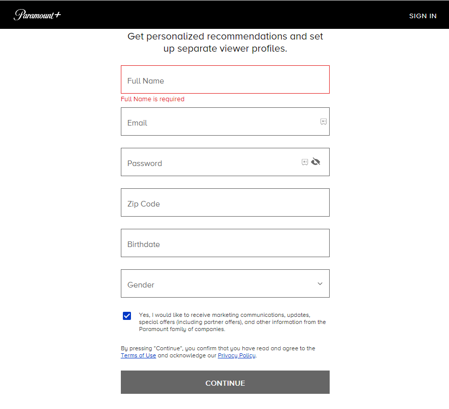 Hit the Continue option on Paramount Plus