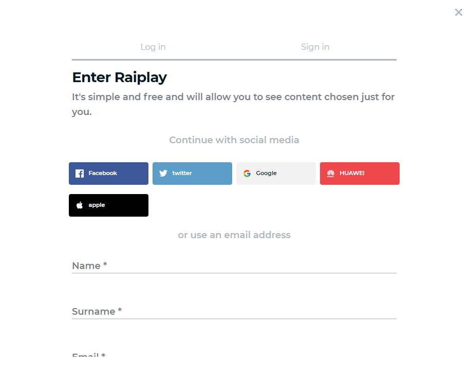 Enter the required credentials to create RaiPlay account