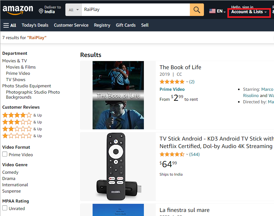 Click on Accounts and List option on Amazon website