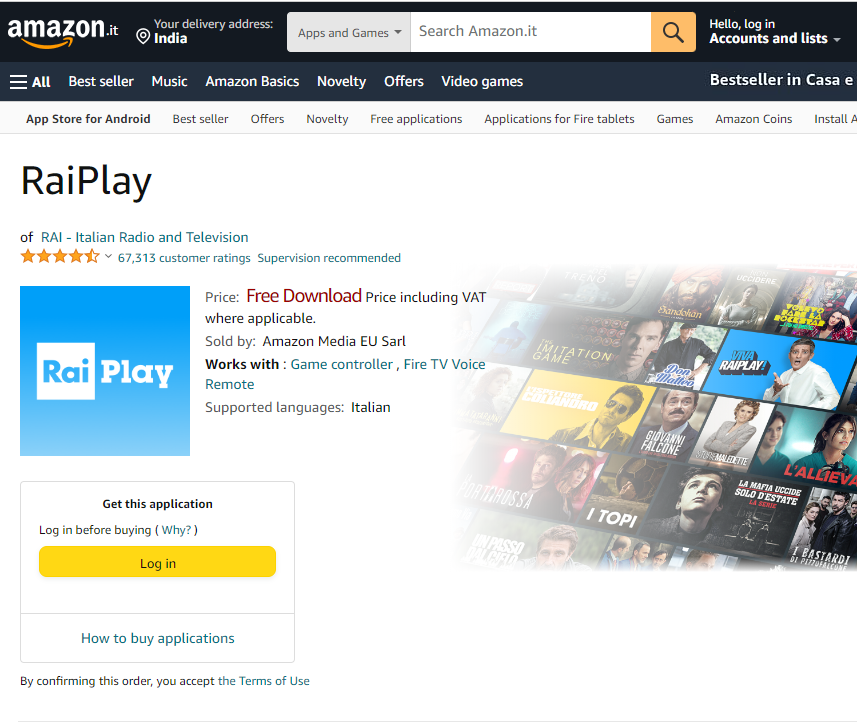 Find the RaiPlay app on Amazon website