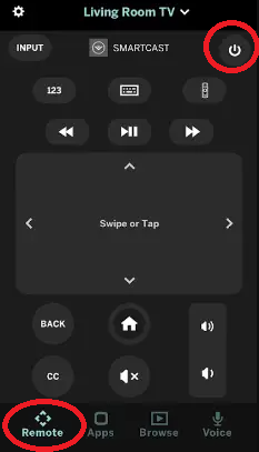 Hit the remote and power button on Vizio app