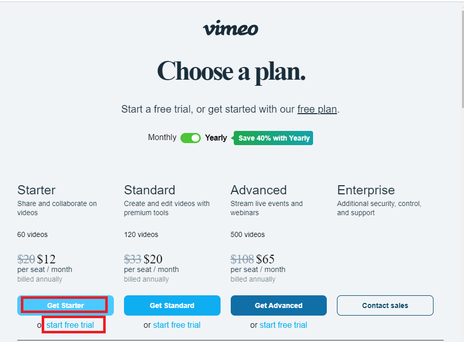 Click on Get Plan on Vimeo website