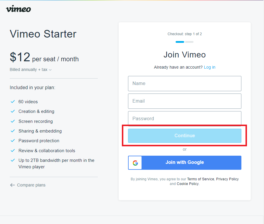 Hit the Continue option on Vimeo website