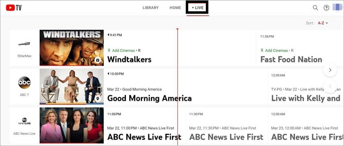 Click on Live tab on YouTube TV