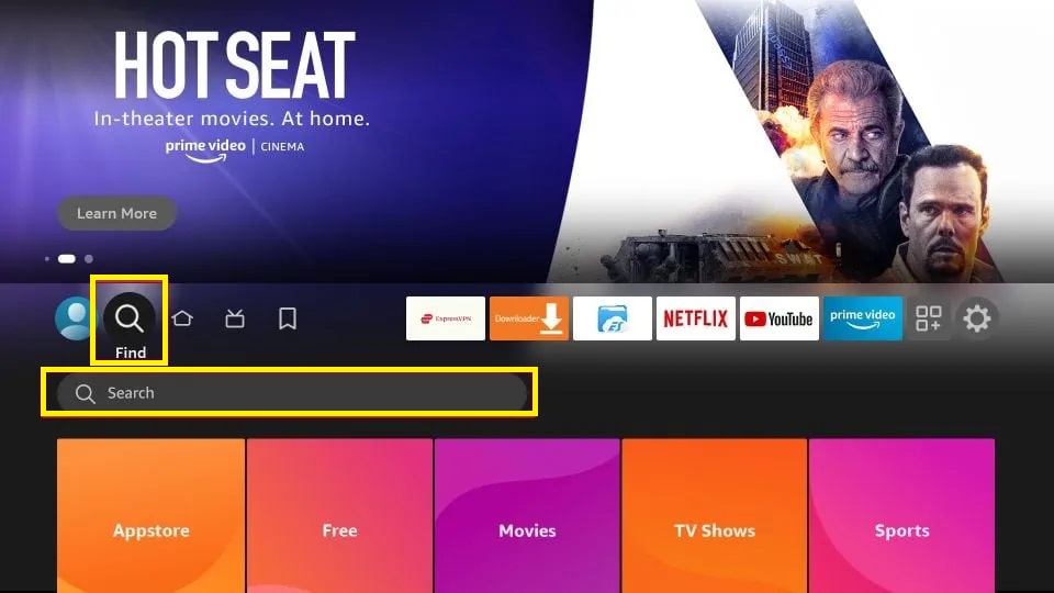 Hit the Find icon and Search bar on Firestick