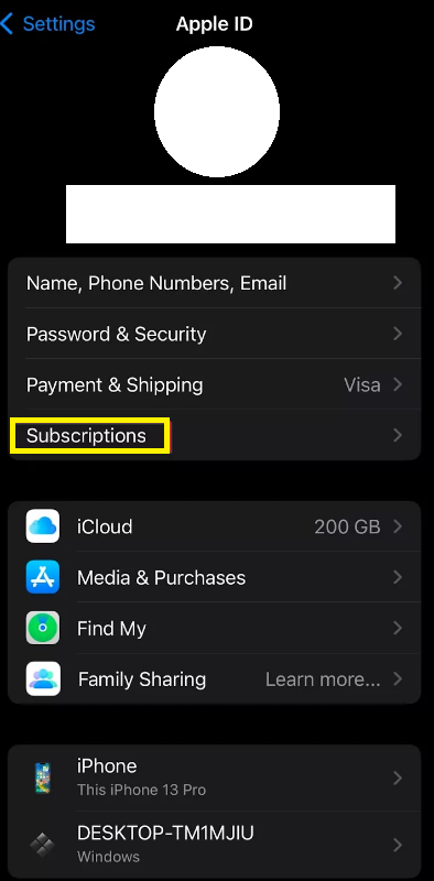 Hit the Subscriptions option on iPhone