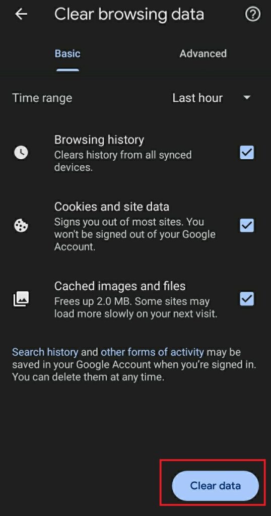 Tap the Clear Data option to clear the cache on Android