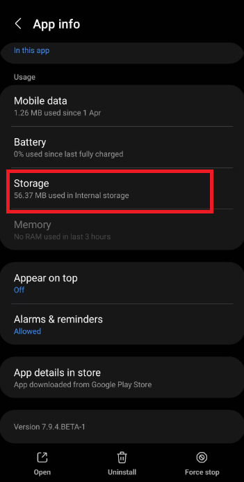Hit the Storage option to clear the cache on Android