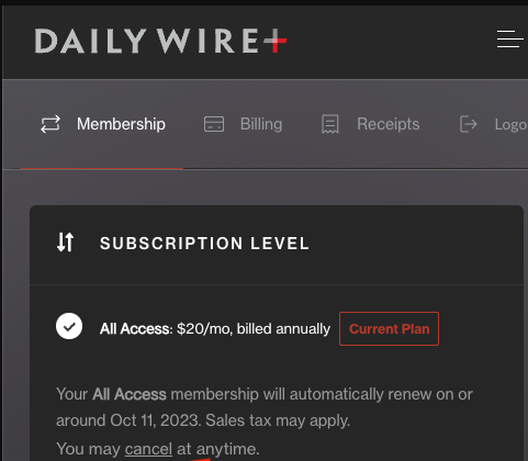 Click on the Cancel Link on the DailyWire website