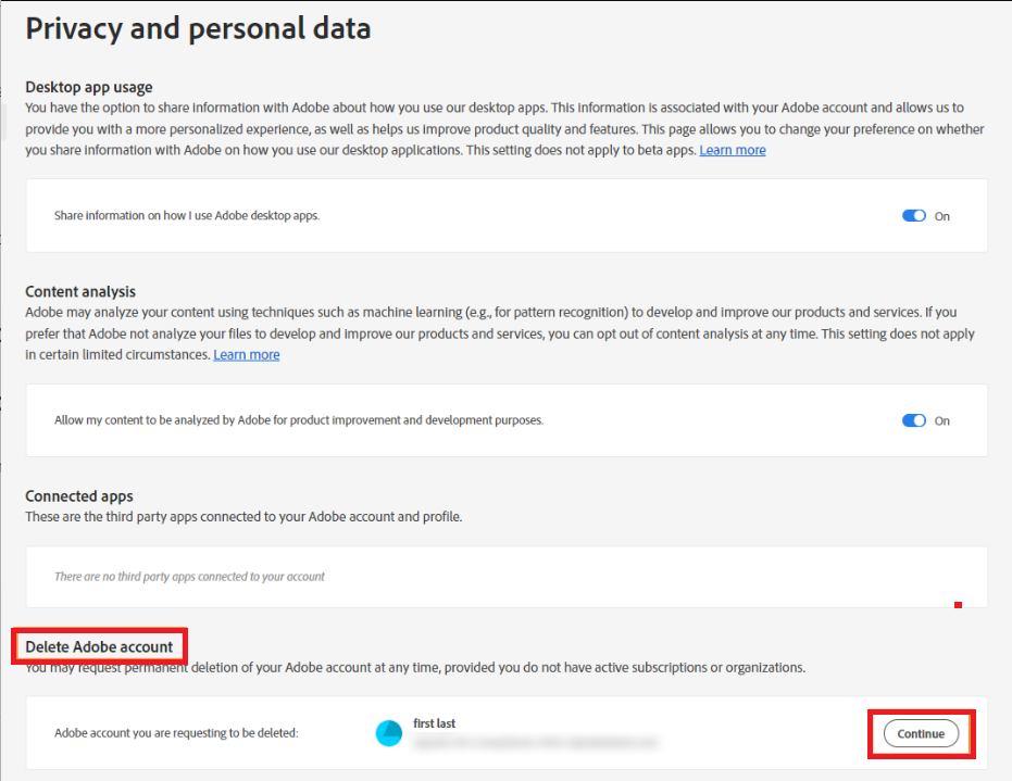 Click the Continue option to delete Adobe account