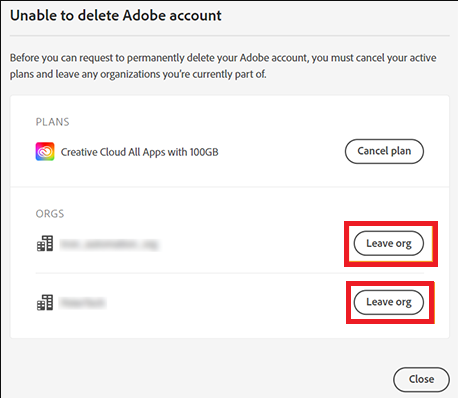 Tap the Leave Organisation option on Adobe website