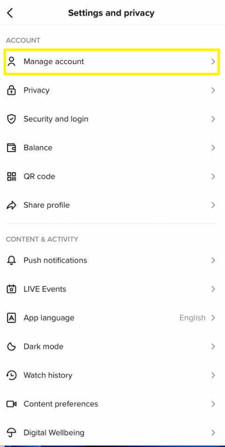 Hit the Manage Account option on TikTok
