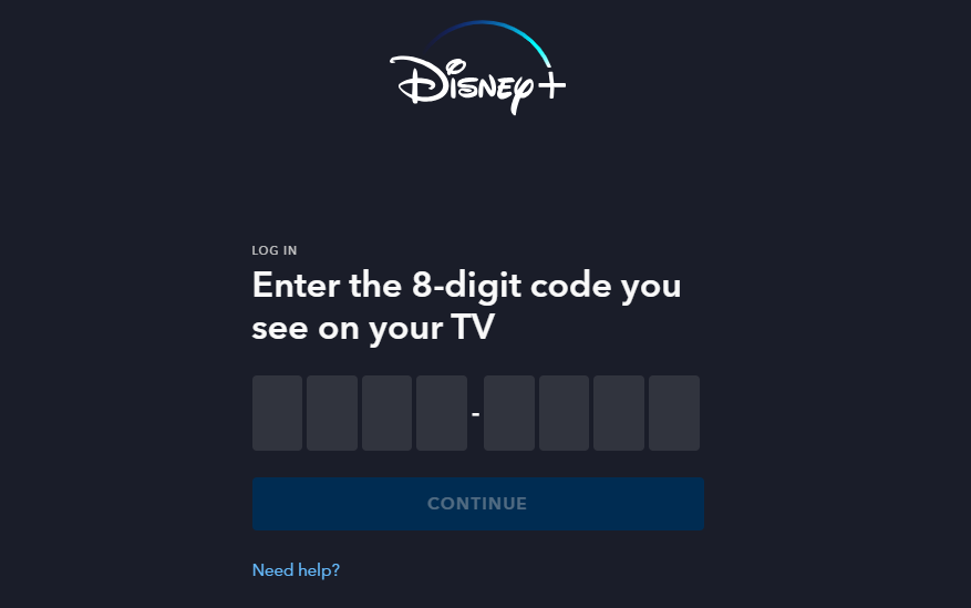Enter the 8-digit code and click Continue to activate Disney Plus on Hisense TV