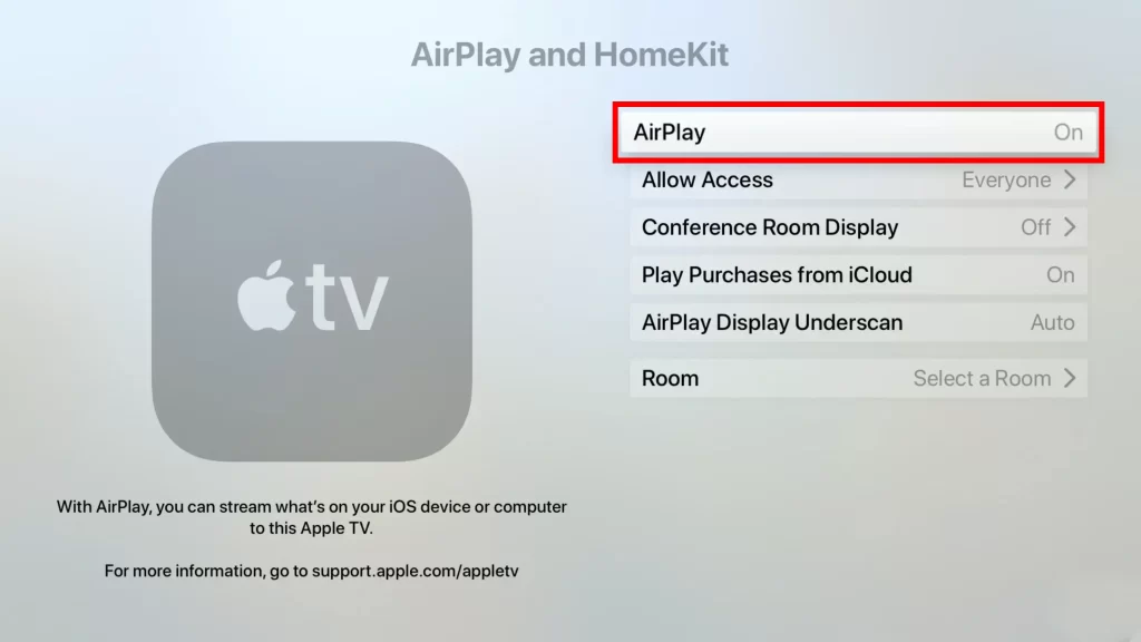 Turn on AirPlay on Apple TV