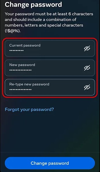 Enter Current password, New password, and Re-type new password