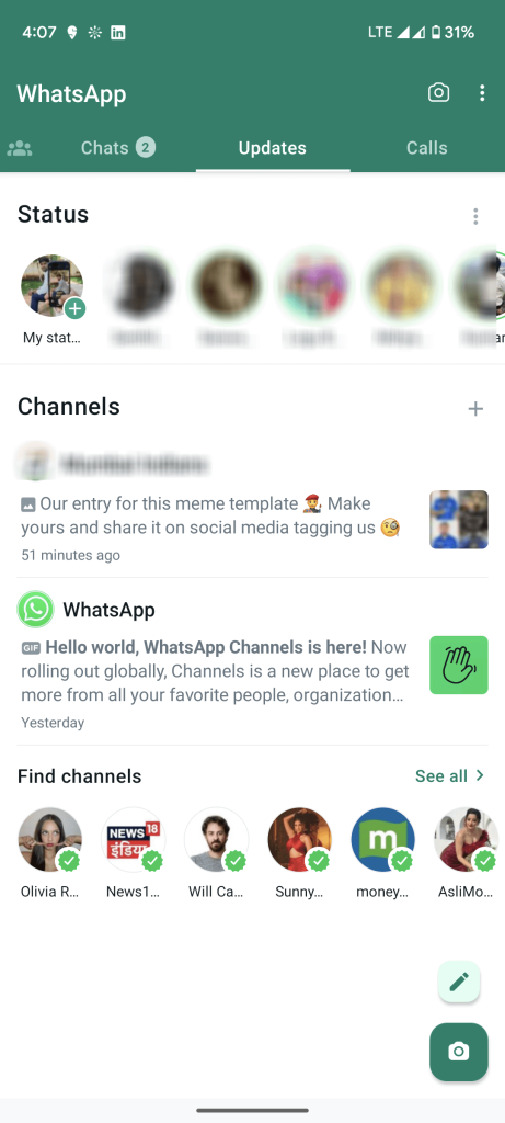 Click + icon to find and follow WhatsApp Channel