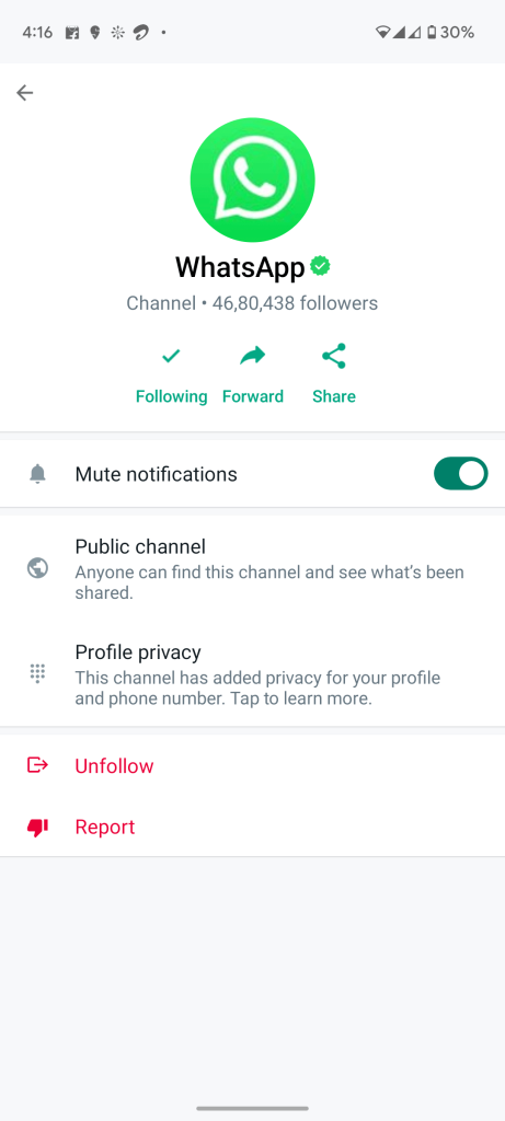 Select Unfollow to unfollow the Channel