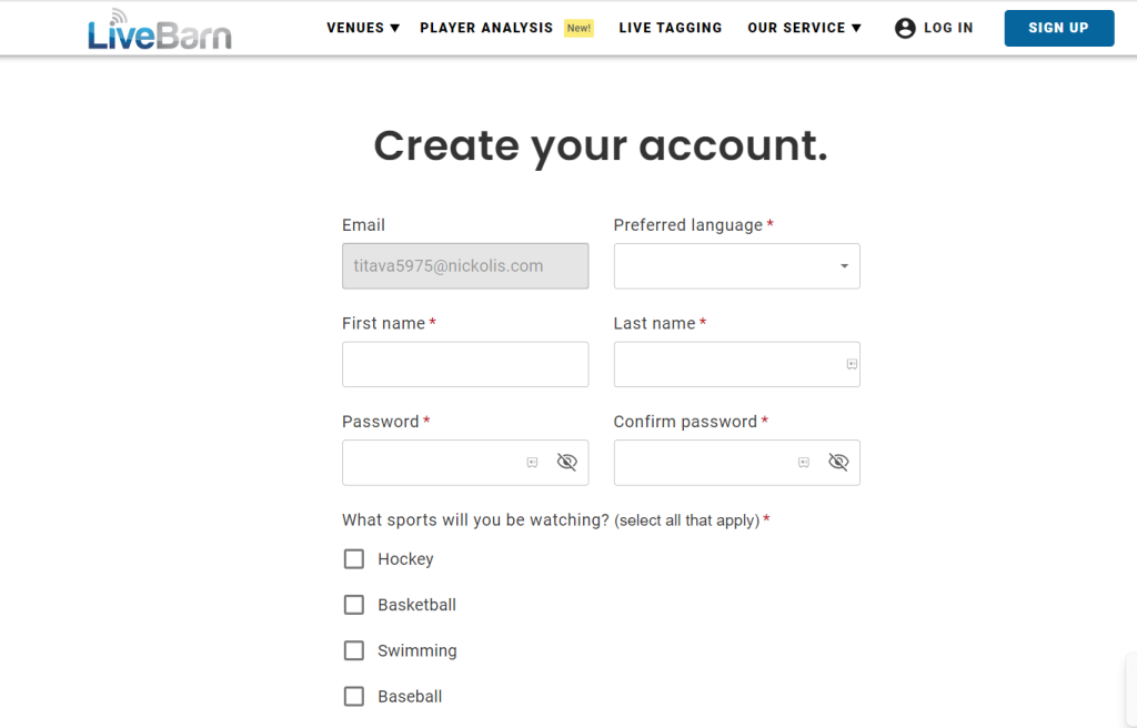 Enter the required details to sign up for LiveBarn