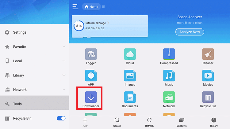 Click on Downloader icon on ES File Explorer