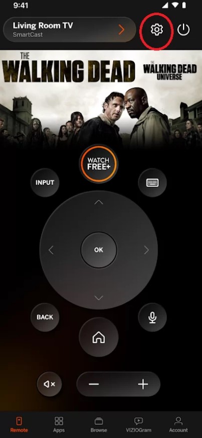 Select Settings on the Vizio TV remote app