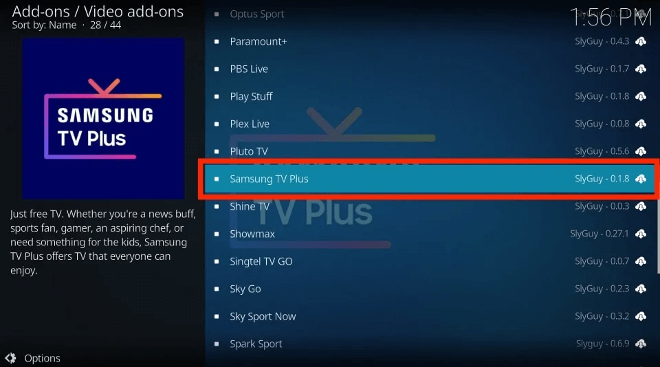 Select the Samsung TV Plus addon