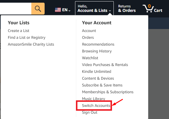 Switch Account on Amazon website