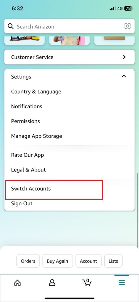 Go to Switch Accounts on Amazon app