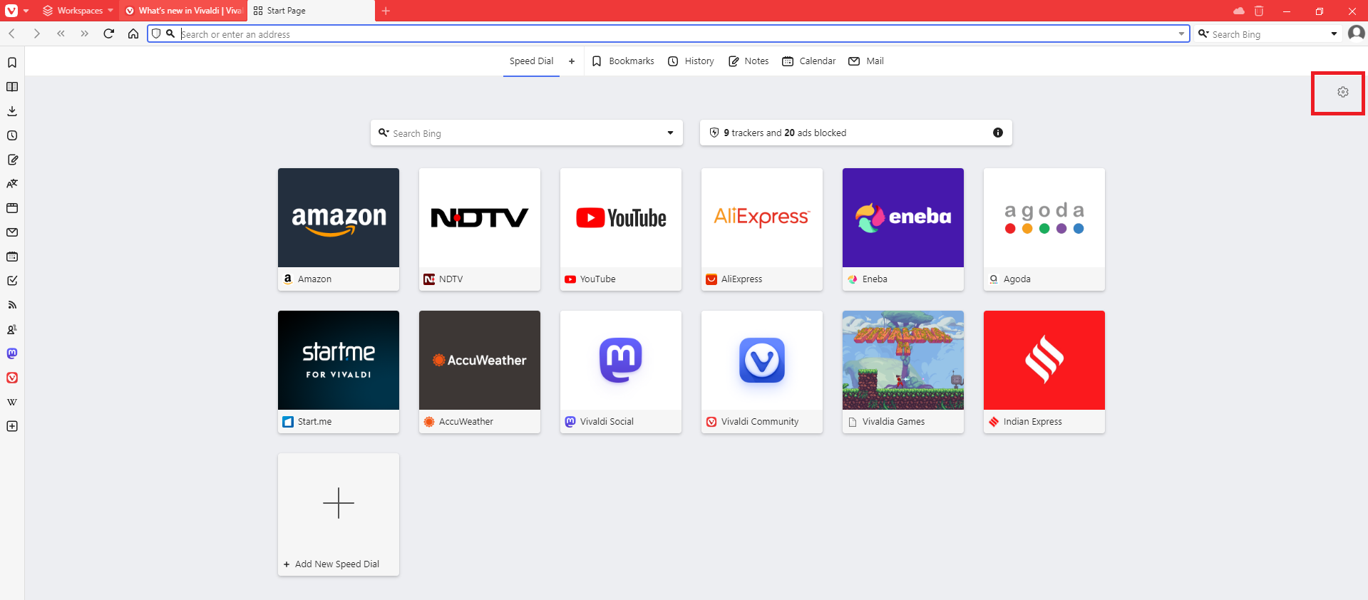 Click the Settings icon on Vivaldi browser