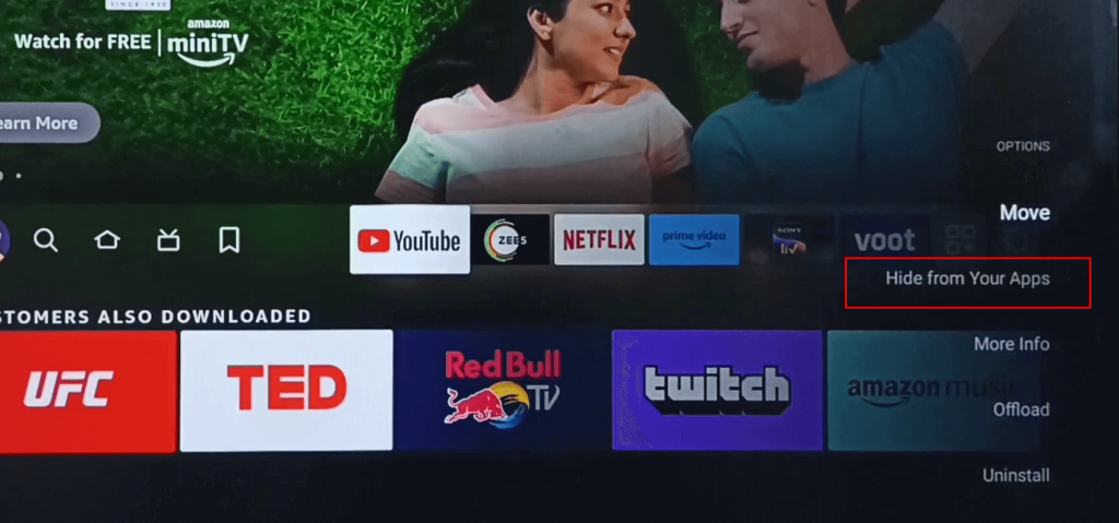 Select Hide from Your Apps to Block YouTube on Firestick
