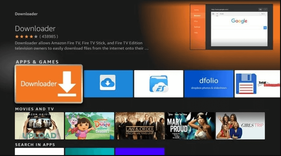 Tap Downloader to Install CineHub APK on Firestick