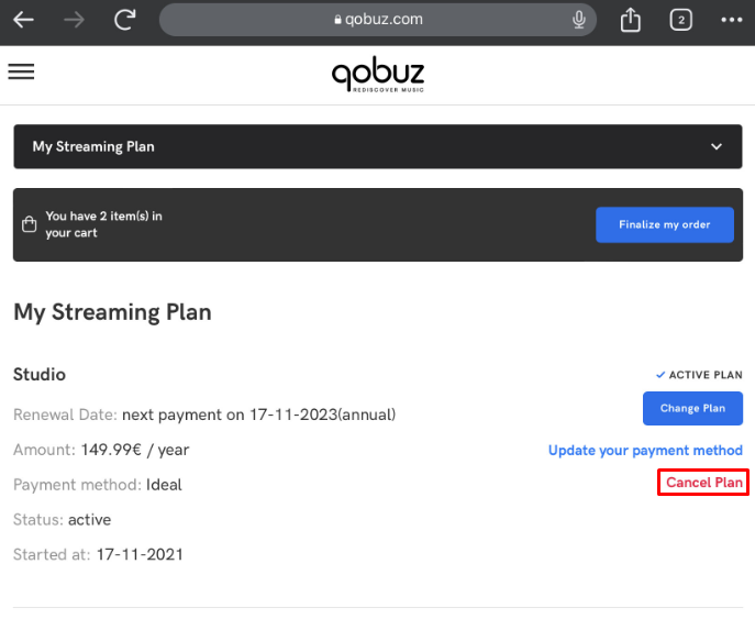 Click on Cancel Plan option to Cancel Qobuz Subscription