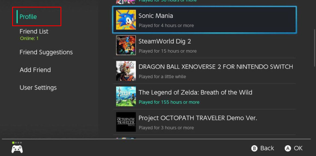 Click on Profile option to Check Play Hours on Nintendo Switch
