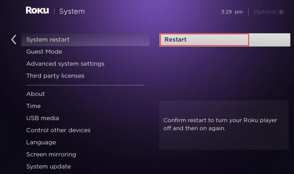 Click on Restart option on Roku TV to Clear Cache on Sharp TV